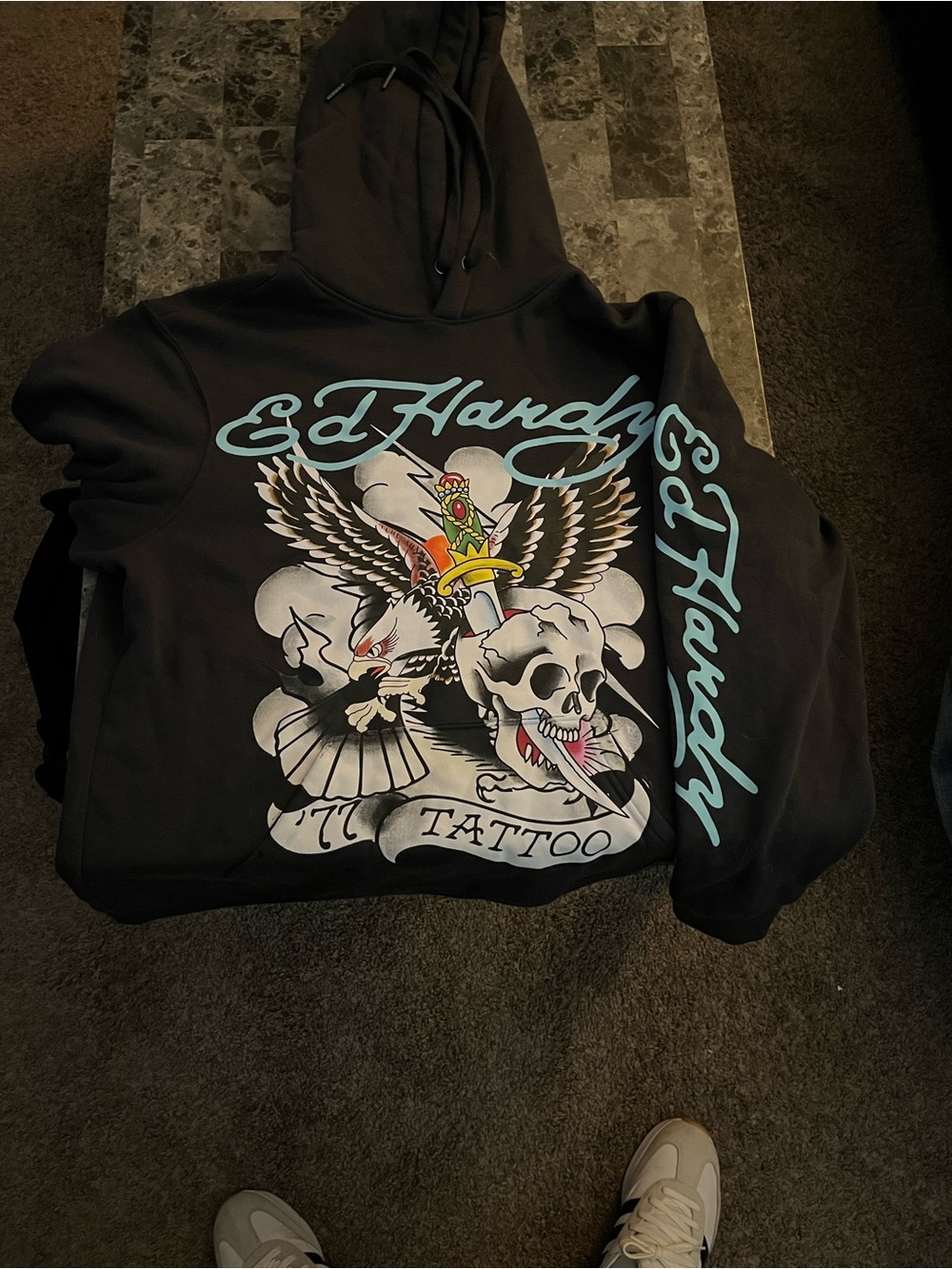 Ed Hardy Black Hoodie with Tattoo Skull & Eagle Graphic - Light Blue Script